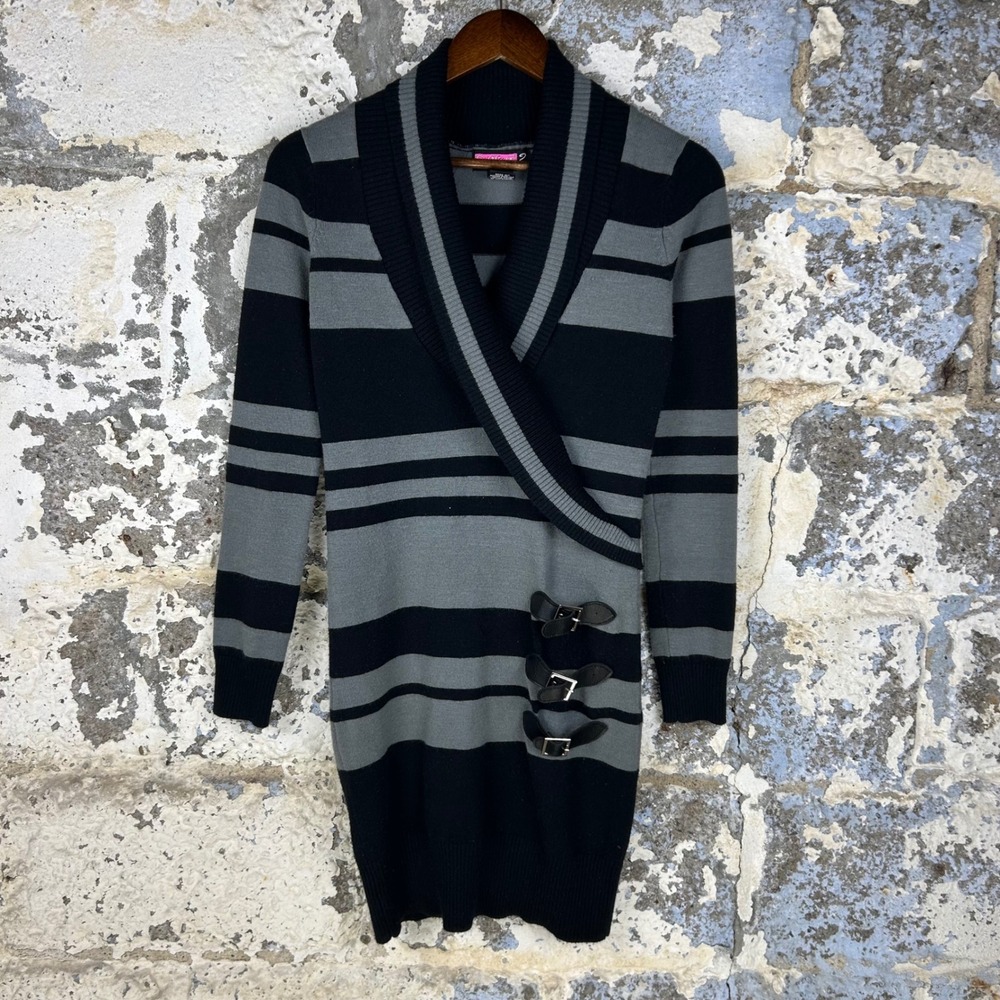 Y2K Say What Black Grey Buckle Detail Striped Grunge Sweater Dress Womens Medium